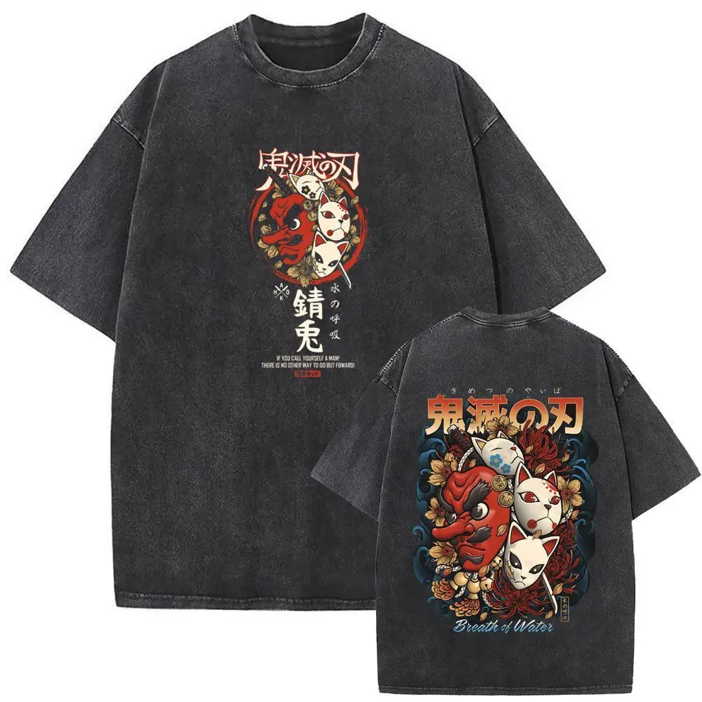 

Demon Slayer Washed T Shirt Nezuko Bamboo Print Cotton Short Sleeve Oversized Men Women Anime Streetwear