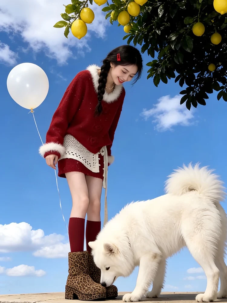 Cisas Red New Year Aosphere Knitted Sweater Tee Piece Set Women's Korean Sle New Year Robe Super ular Set