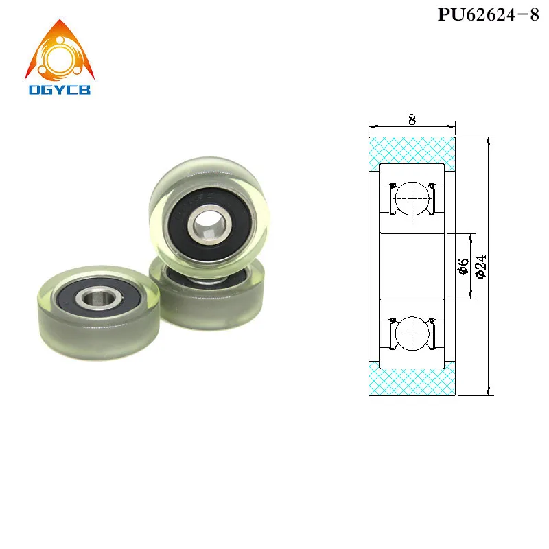 1pcs OD 24 mm PU Flat Type Coated Wheels 6x24x8 mm PU62624-8 Polyurethane Soft Rubber Mechanical Automation Bearing Guide Wheel