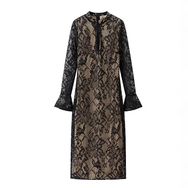 DSMTRC femme fête Chic dame à manches longues robes Sexy hanche paquet évider robes de soirée Chic dentelle moulante Midi Robe femmes