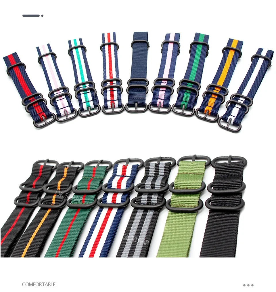 Striped Multicolor Replacement Belts Military Sport Men\'s Watch Band 18MM 20MM 22MM 24MM Premium Nylon Strap Black Ring Buckle