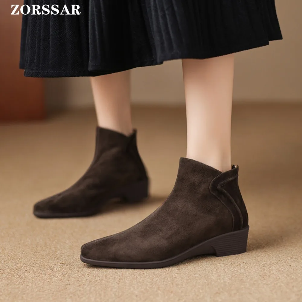 Bottines Chelsea classiques en daim à bout pointu et talon compensé pour femme et enfant, bottines de Cowboy simples et confortables, hiver 2025