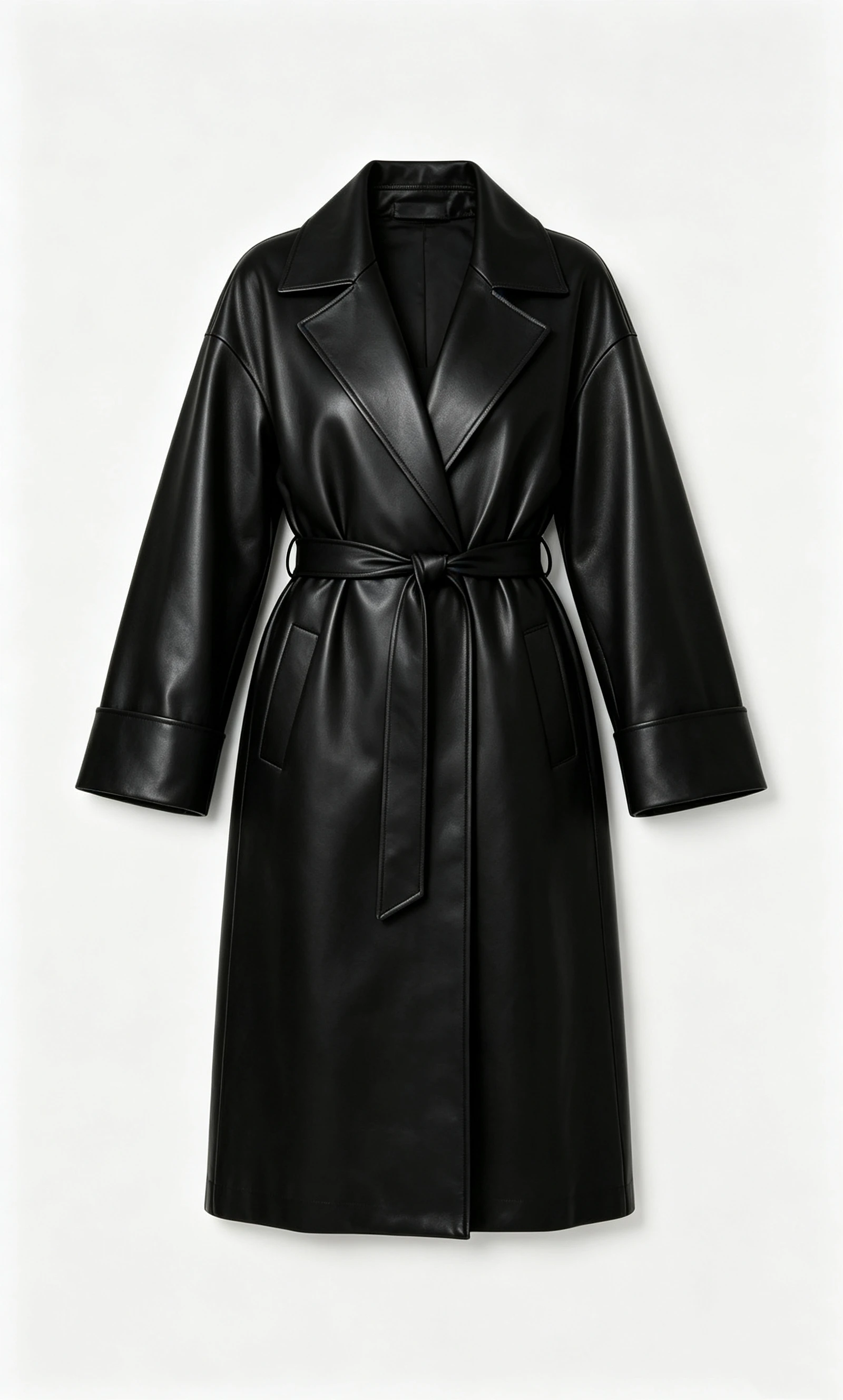Women's Faux Leather Trench Coat with Notched Lapel and Self-Tie Belt