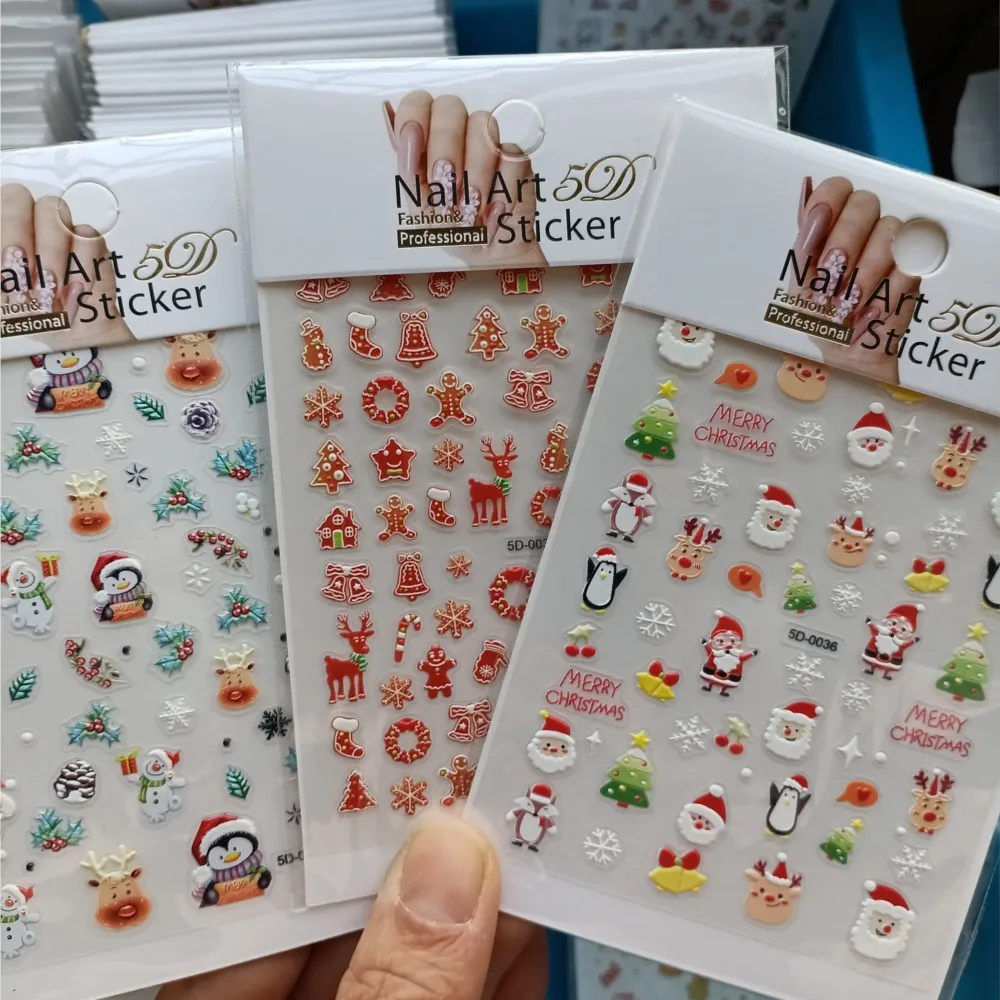 5D Christmas Nail Art Stickers Embossed Cute Santa Claus Elk Snowflakes Designs Slider Sticker Lovely Cartoon DIY Xmas Decals **