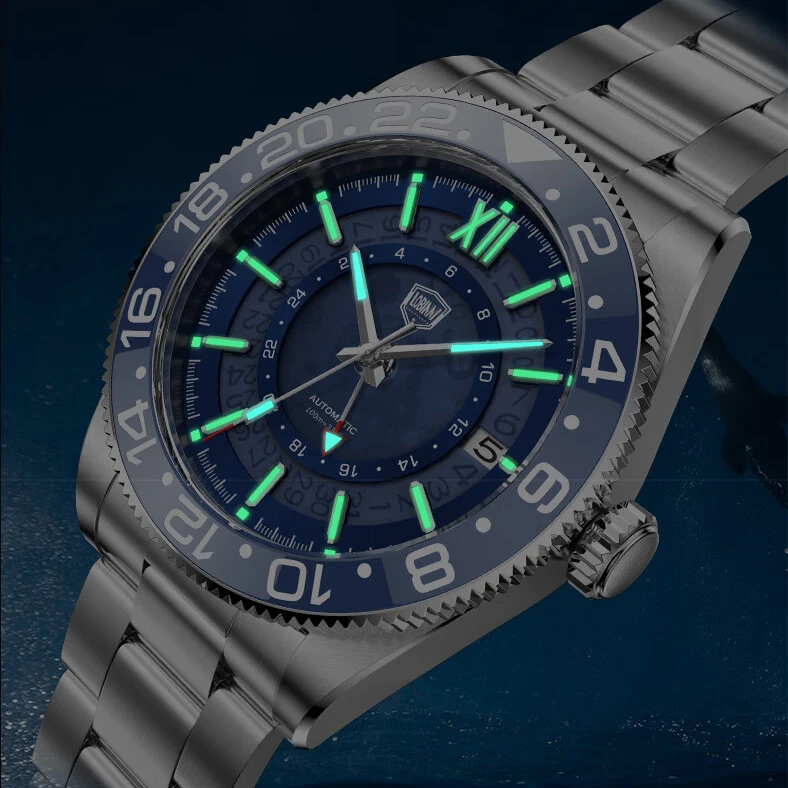 Lobinni-Reloj de pulsera mecánico automático para hombre, cronógrafo de lujo con espejo de zafiro luminoso, resistente al agua hasta 10ATM, bisel de cerámica NH34, 40mm, GMT