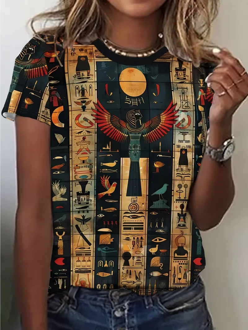 

Новая женская футболка с коротким рукавом и 3D-принтом египетских иероглифов, яркий культурный дизайн, коллекция 2026 года