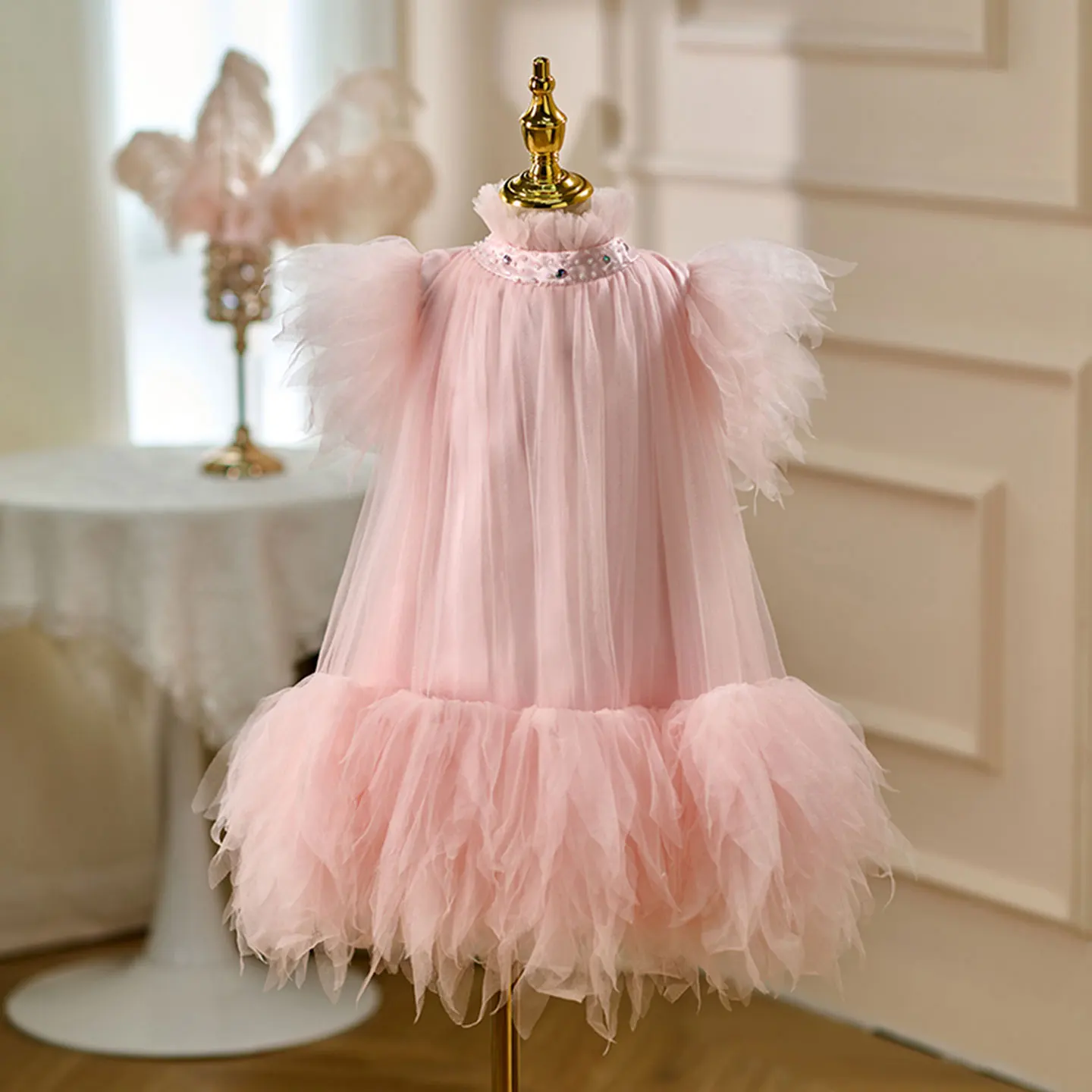 

Jill Wish D091 Elegant Flower Girl Dress Puffy Sleeve Crystal Princess Kids Wedding Birthday Pageant Party Evening Formal Gown