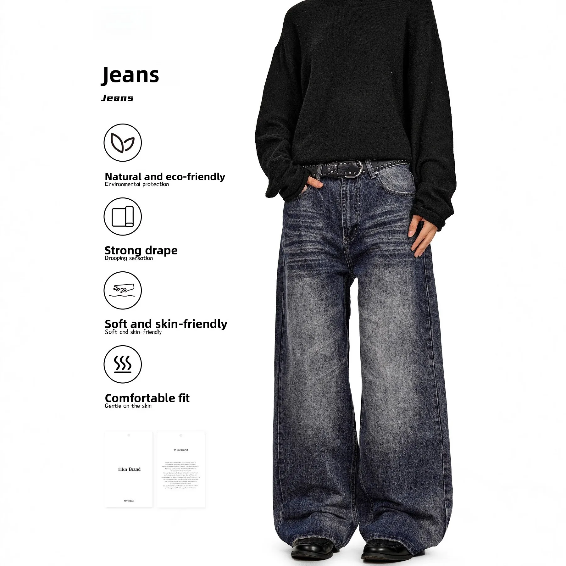 

Deep Blue Men's Retro American Sle Denim Jeans Waed Wide Leg Floor-Length Loose Fit Straight Leg Cotton Casual Trousers