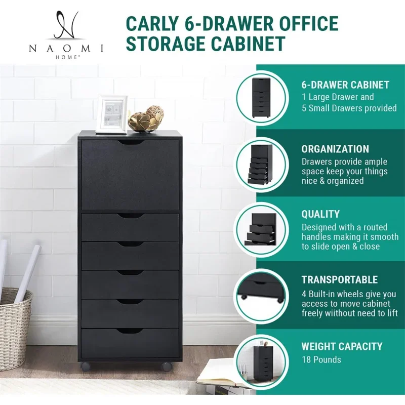 Optimized ,, and Clothing Storage! Carly Tall Design 6-Drawer Black File Cabinet on Wheels: Elevate Your Organization with