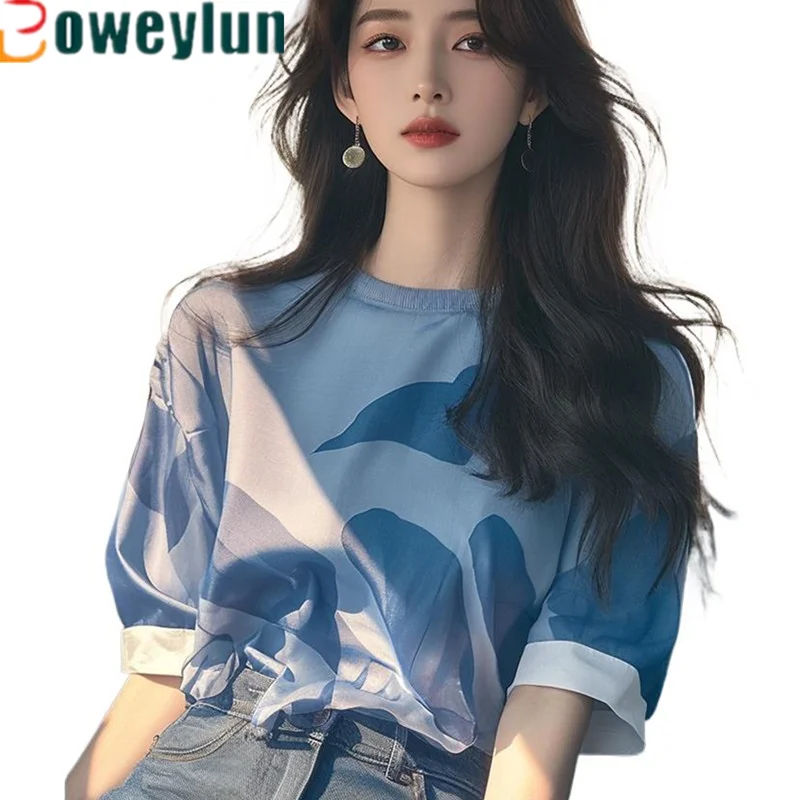 

Boweylun New Ice-silk Short Sleeve T-Shirt Girls Summer Blue Positive Shoulder Tie-Dye Tops Women's