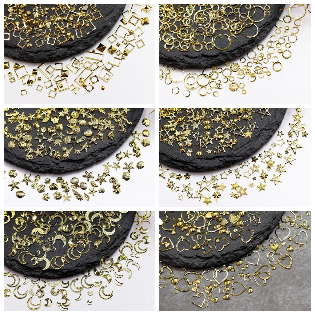10g Mix Shapes Square Circle Moon Stars Frame Round Oval Studs Sea Life Shell Alloy Nail Art Rivets Decoration Manicure Charms