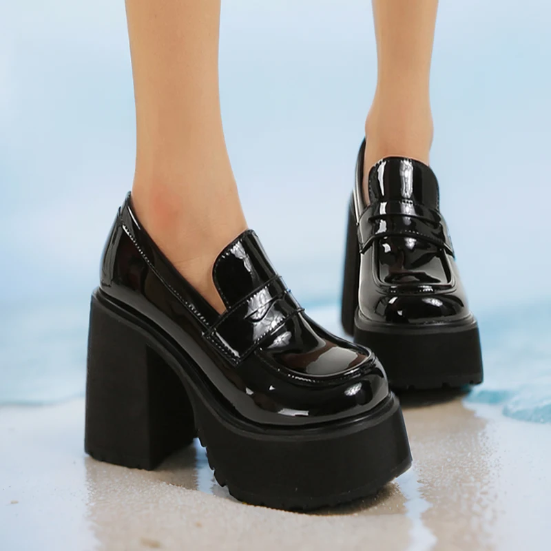 

Spring Super High Heels Loafers Women Patent Leather Chunky Platform Pumps Woman Slip on Black Jk Uniform Shoes Mary Janes