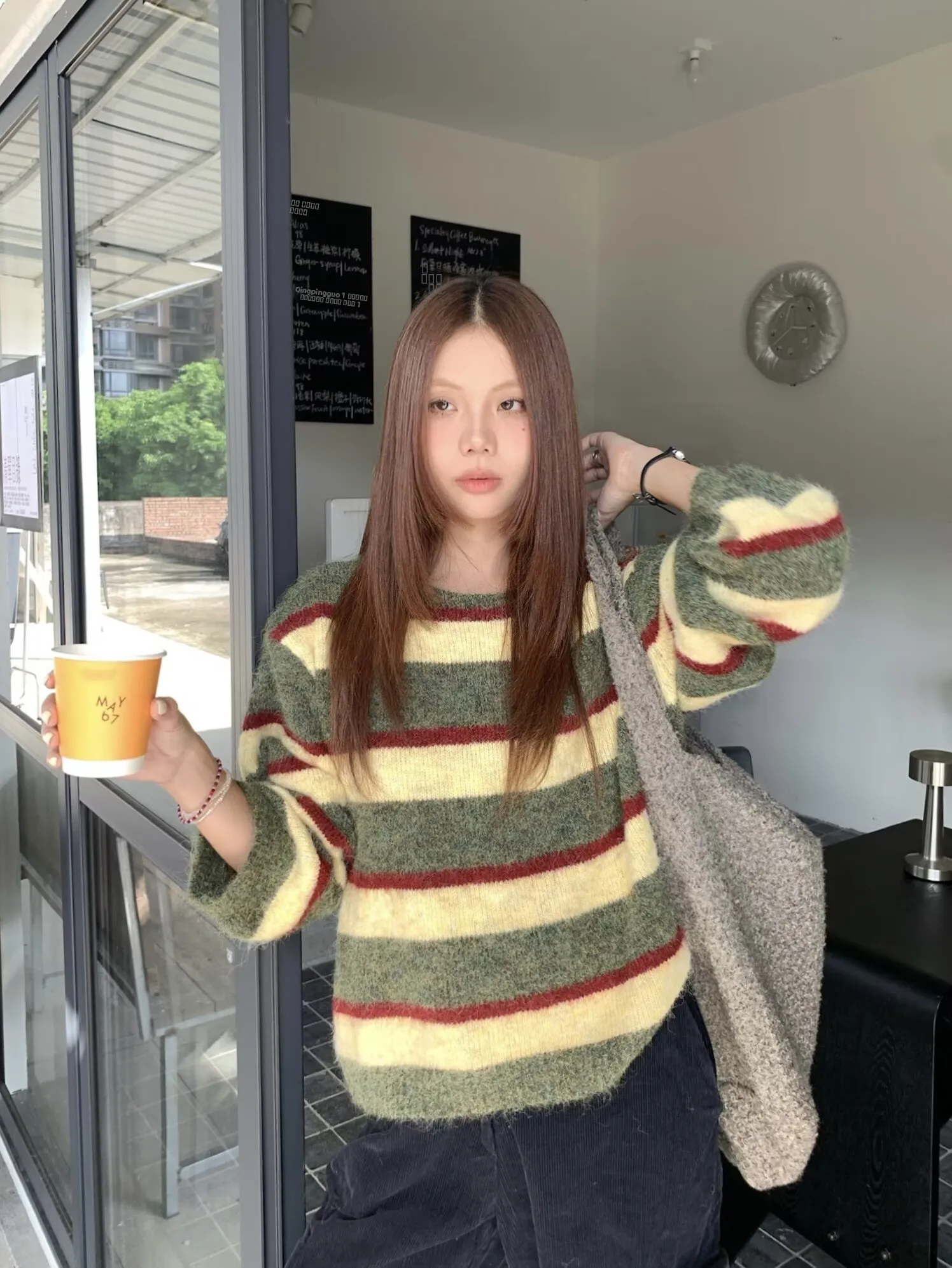 Kumikumi كسول Sle اللون بلو مخطط الجولة Ne البلوز سترة المرأة فضفاضة التخسيس رداء علوي غير رسمي لموسم الخريف #1