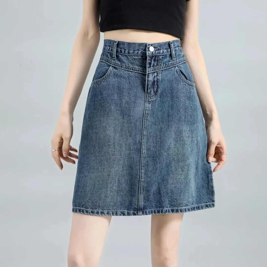 Retro dark plus size denim skirt, mid length skirt, women's summer new high waisted pear shaped dress, A-line half body skirt