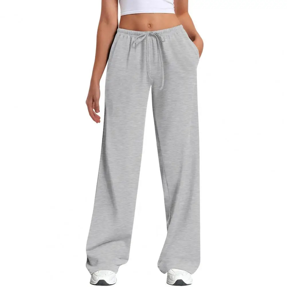 Summer Women's Wide-Leg Track Pants Loose Low-Rise Drawstring Elastic Waist Solid Color Pants With Pockets