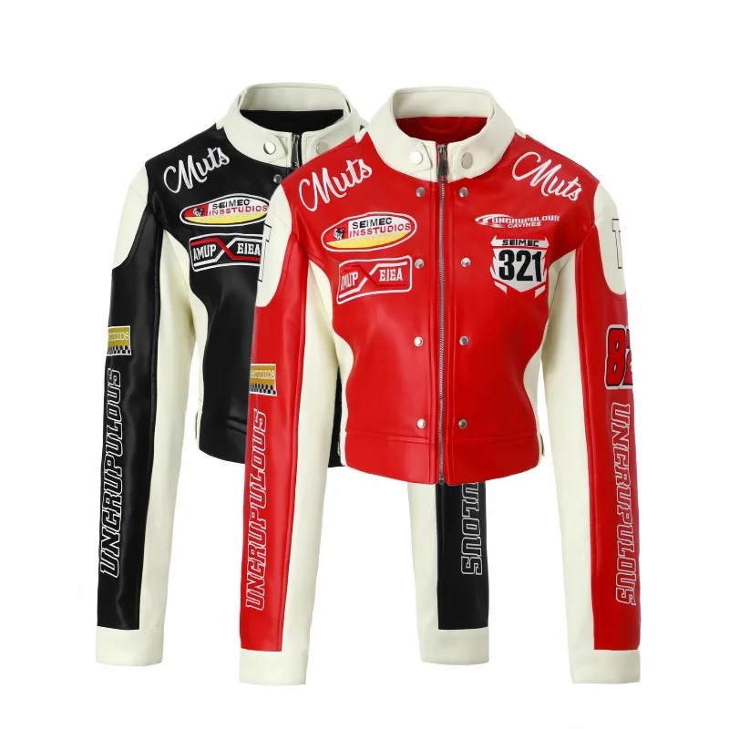 

Luxury Embroidered PU Leather Motorcycle Jacket Women Spliced Short Racing Biker Jacket Outerwears Spring Autumn Women Clothes