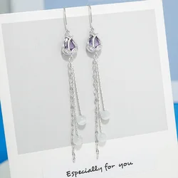 Luxury S925 Sterling Silver Earrings Purple Tulip Tassel Ear Line Opal Earrings For Women Jewelry