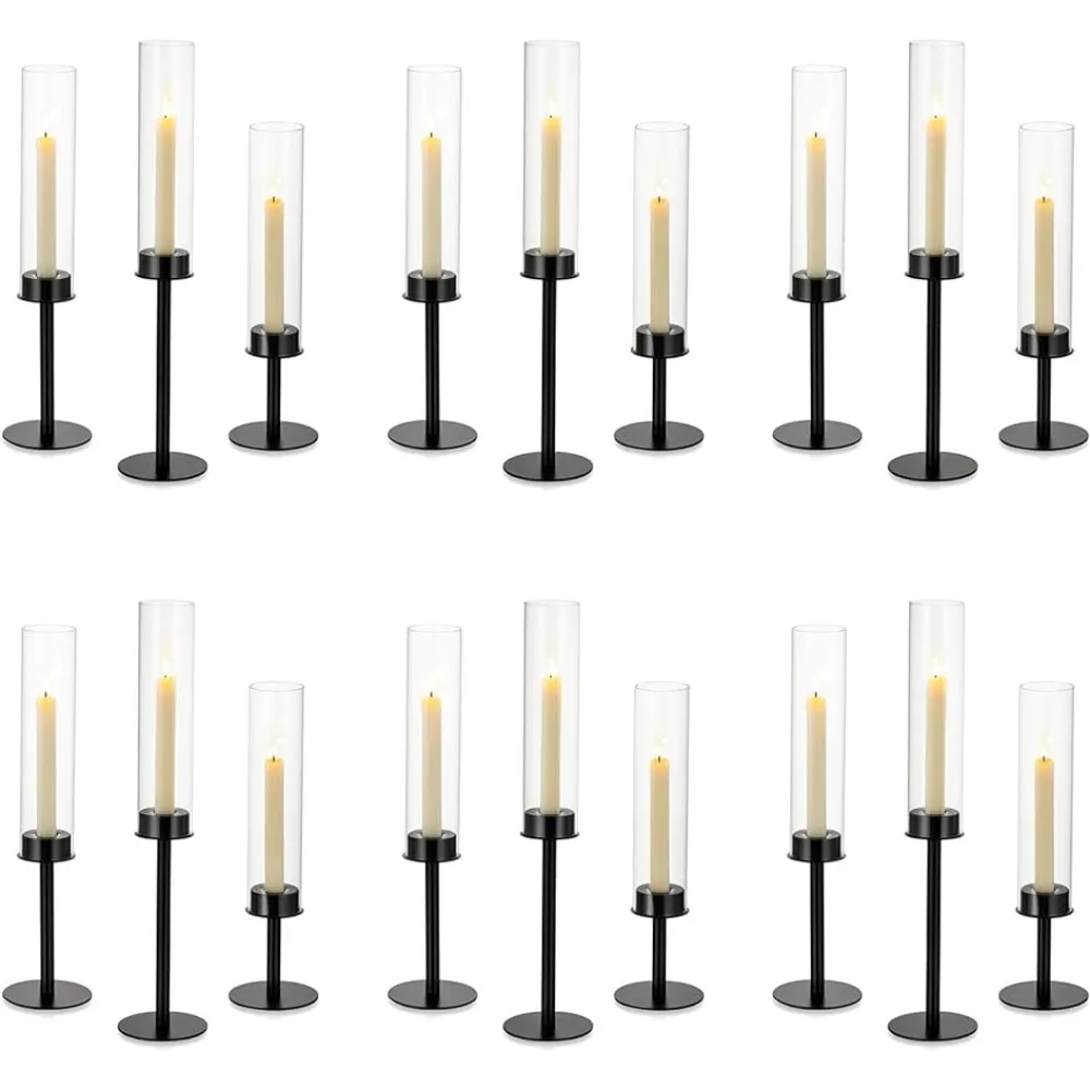 

Hurricane Candle Holders Bulk: 18 Pcs Black Tapered Candlesticks Holder With Crystal Glass Cylinder Sleeves Metal Taper Candle