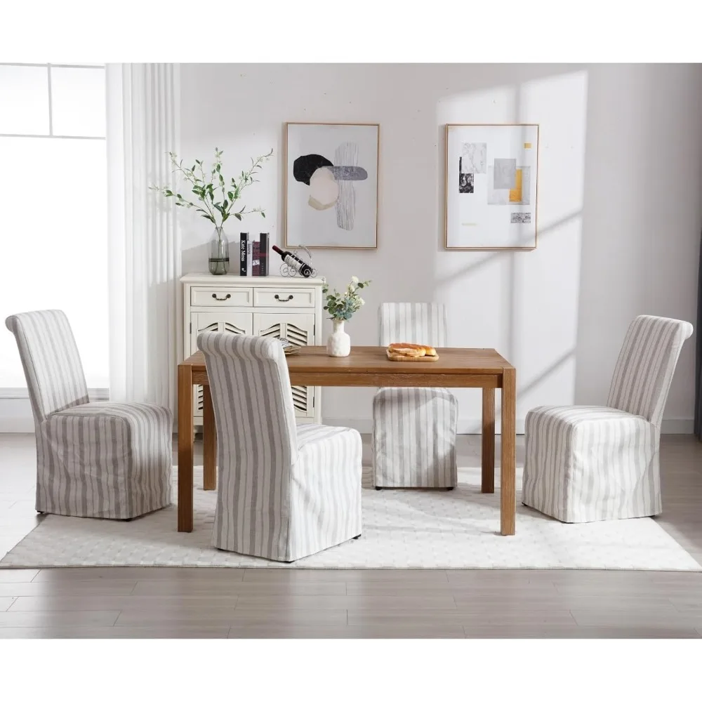 Dining Chairs Set of 2, Upholstered Armless Kitchen Chairs with Removable Linen Slipcover, High Back Wood Legs Side Chairs