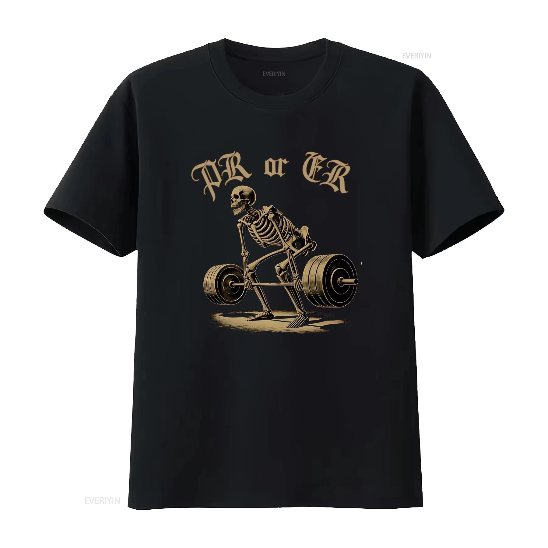 2026 New Cool Vintage Gothic Gym Skeleton Deadlift PR or ER Print Casual Workout T Shirt Vintage Washed Homme Stre