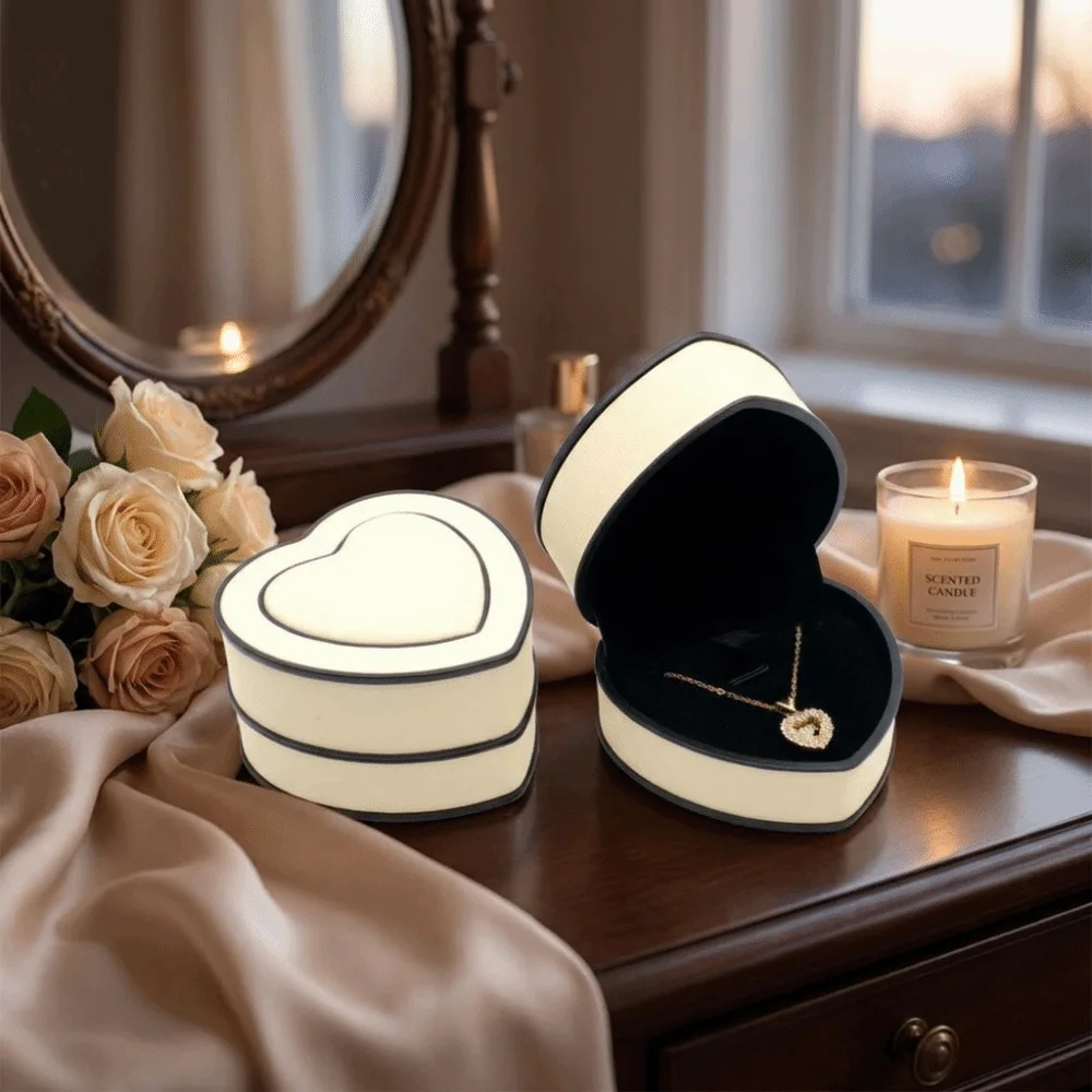 Heart-shaped Jewelry Box PU Leather Compact Portable Size Gift Packaging Box Reliable Stitching Solid-color Surface Storage Box