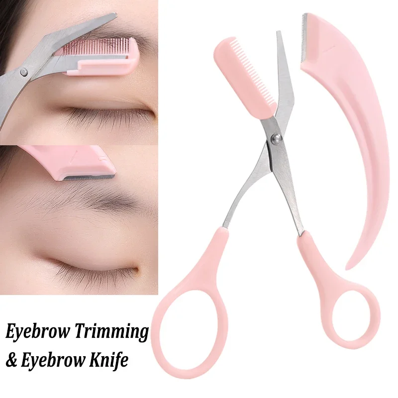 2PCS Eyebrow Trimmer Set Portable Brow Comb Scissors Eyebrow Knife Women Professional Face Shaver Hair Removal Razor Makeup Tool