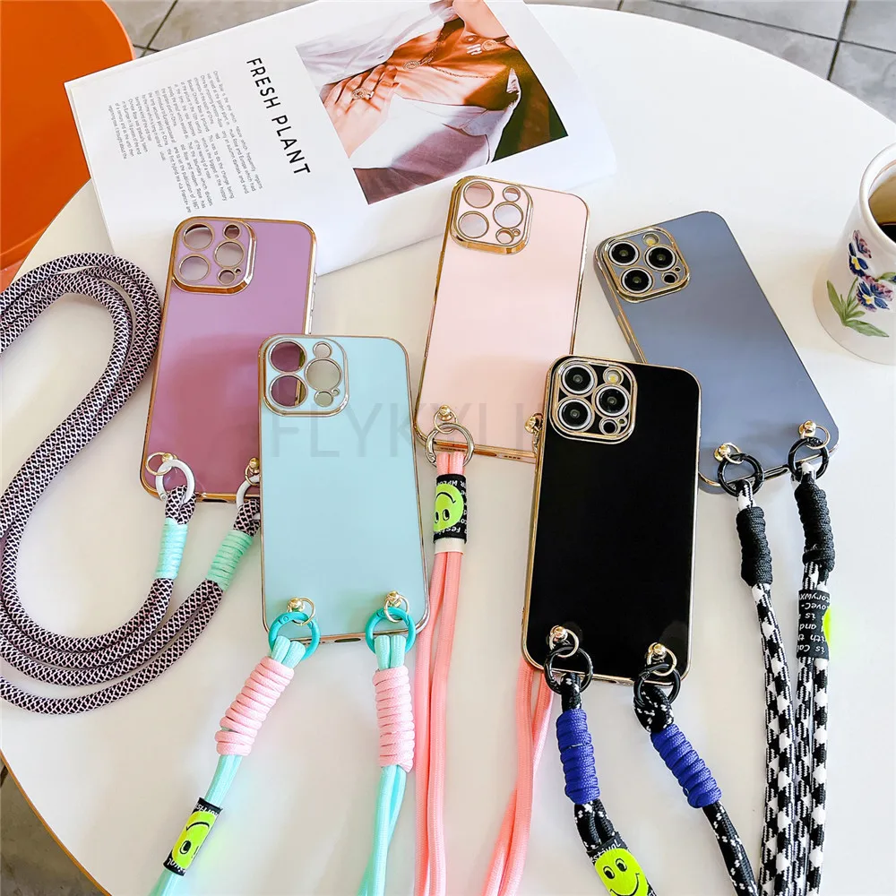 Plating Lanyard Case For iPhone 15 14 13 12 11 Pro Max XS Max X XR 6 8 7 Plus SE 2020 Crossbody Necklace Strap Chain Soft Cover