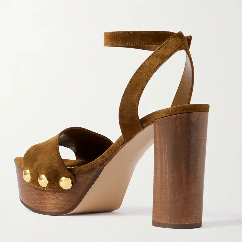 Gold Metal Rivet Plaftorm Suede Sandals Sexy Round Toe Squar Heel Shingback Customized New Arrivals Fashion Women Modern Shoes image 4