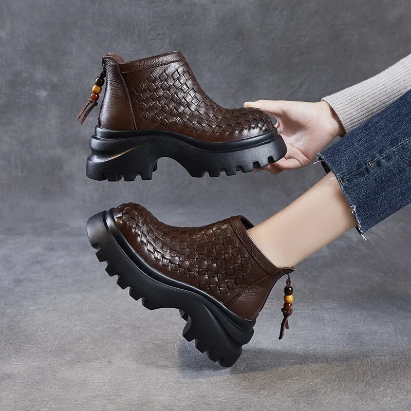 

Birkuir Retro Thick Heel Weave Ankle Boots For Women Back Zippers Short Boots 7cm Beading Luxury Genuine Leather Platform Shoes