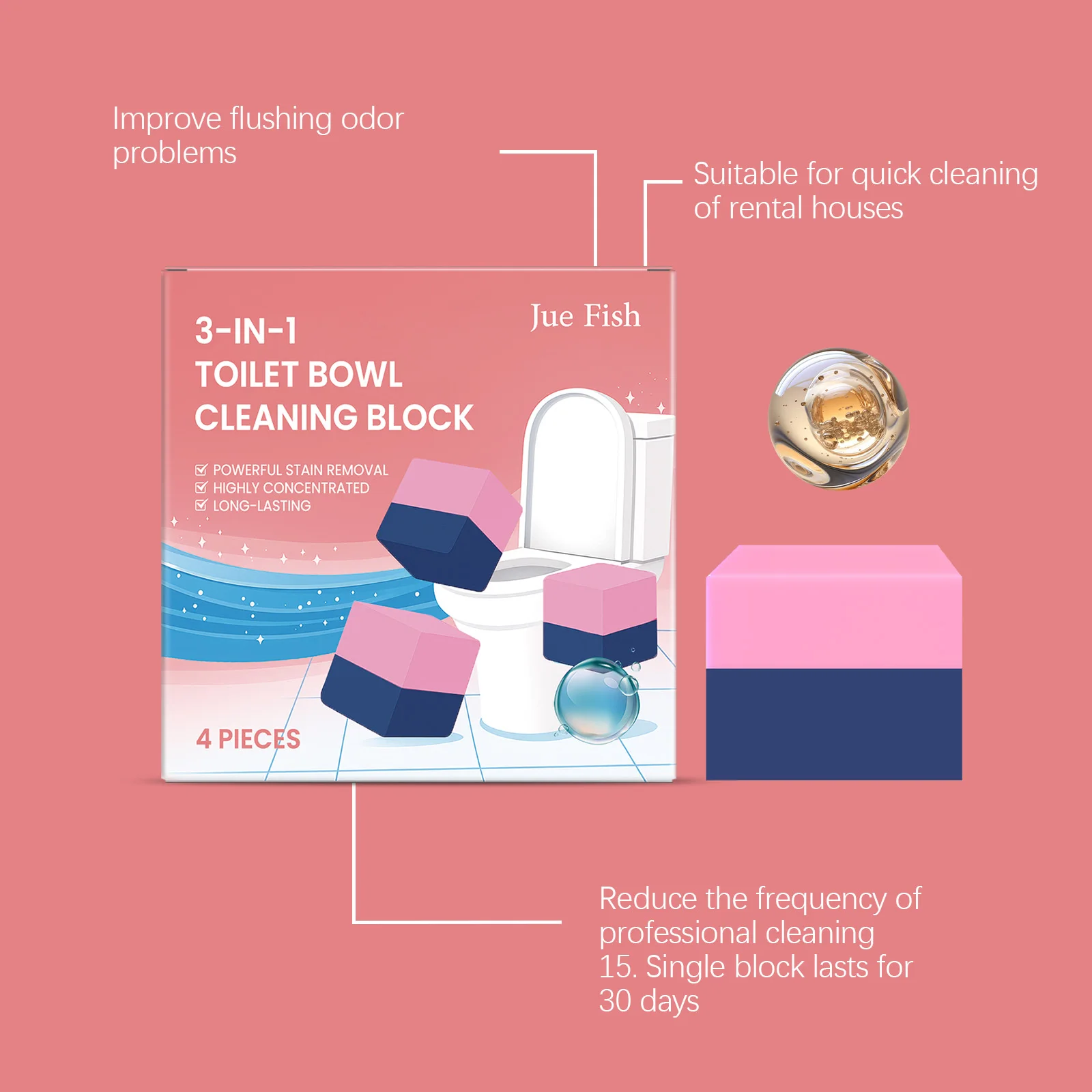 ジュエフィッシュ 3in1 トイレ洗浄ブロック：強力な汚れ落とし＆消臭剤、フレッシュな香り、家庭用トイレボウルクリーナー