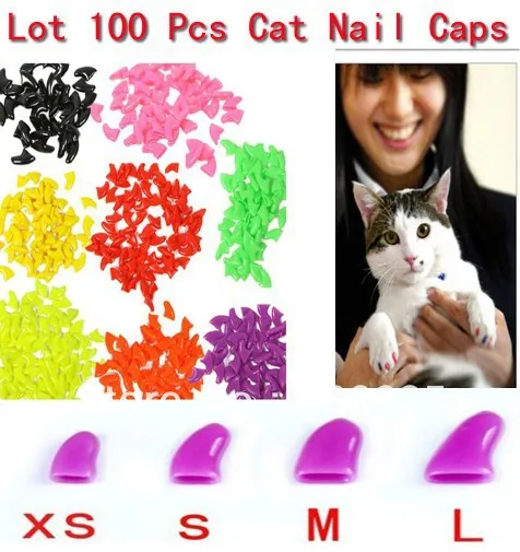 Free Shipping Lots 100pcs 14 Colors Soft Cat Pet Nail Caps Claw Control Paws off + 5pcs Adhesive Glue Size XS S M L