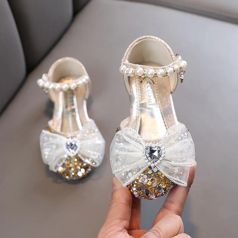 

AINYFU Girls Sequined Princess Sandals Children's Lace Bow Leather Sandals Fashion Kids Pearl Rhinestones Single Shoes H793