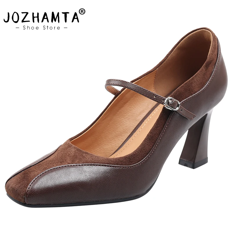 JOZHAMTA Genuine Leather Women Pumps Retro Chunky High Heels Shoes Spring 2025 Straps Classic Office Lady Daily Dress Size 34-40