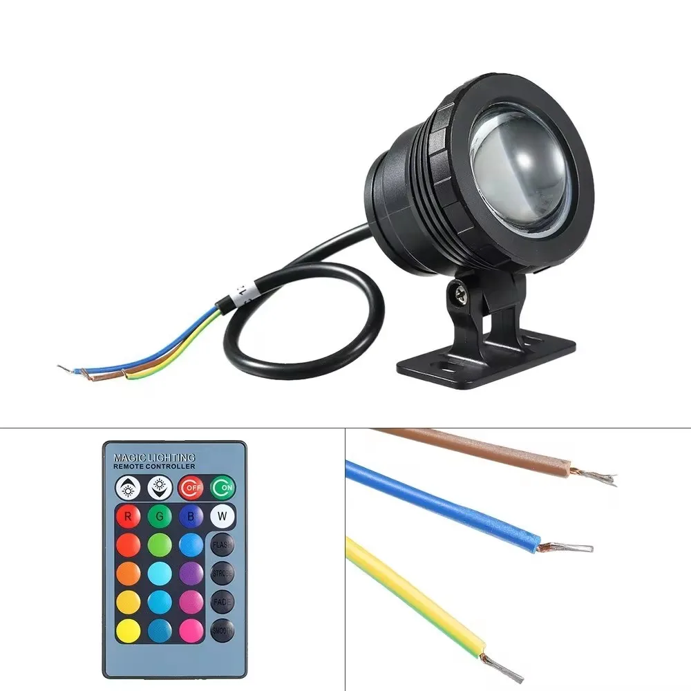 AC/DC 12V 10W RGB LED Underwater Light Submersible Lamp with Remote Control 16 Colors Changing Flash