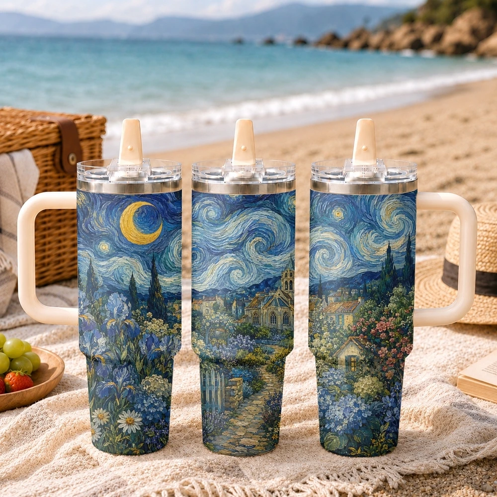 Moonlit Floral Valley Garden Starry Vacuum Flasks 40oz Thermal Tumbler Handle Stainless Steel Insulated Water Portable Mug Cup