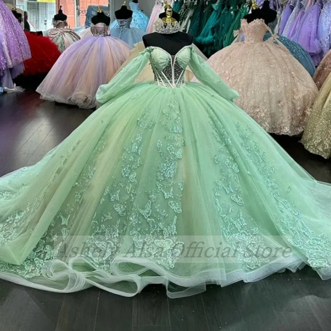 Ilusão verde menta Vestidos Quinceanera, manga comprida, doce 15, 16 vestidos de baile, concurso, árabe saudita, luxo