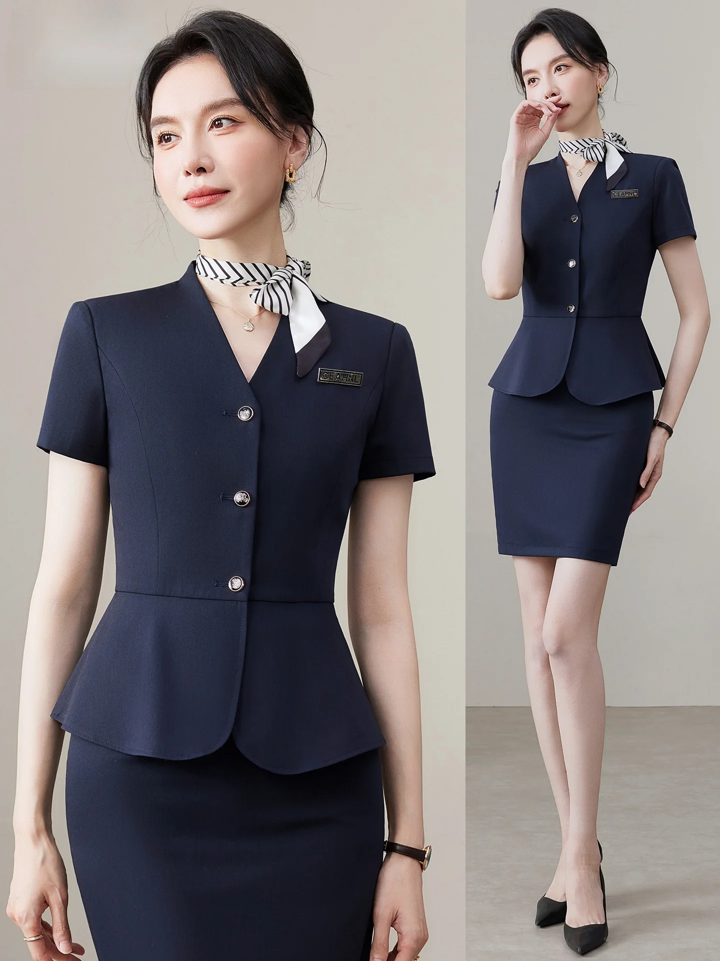 

Blue Short Sleeve Suit Set Women's Summer Thin Professional Work Uniform Beauty Salon Front Desk Uniform Polyester Fiber