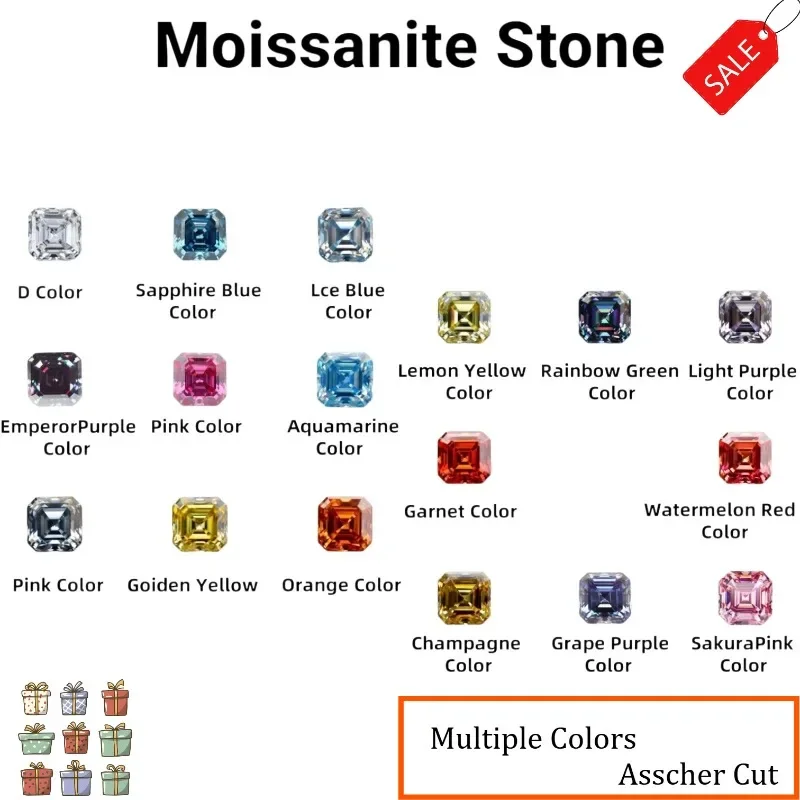 Moissanite Stone Multiple Colors Asscher Cut VVS1 High Quality Loose Gemstones for Custom Jewelry Making with  Certificate