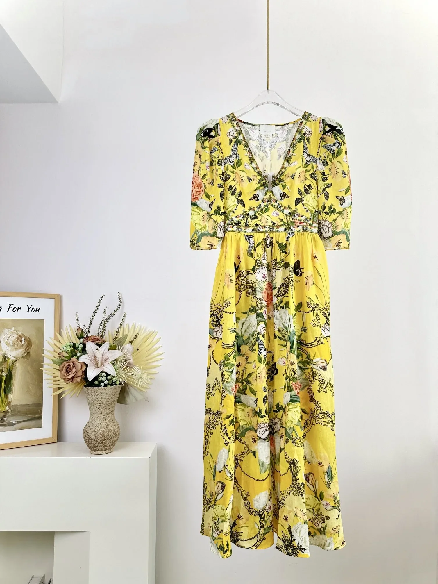 Women Yellow Floral Printed Robe Beaded Puff Sleeve V-Neck High Waist Elegant 100% Linen Midi Dress