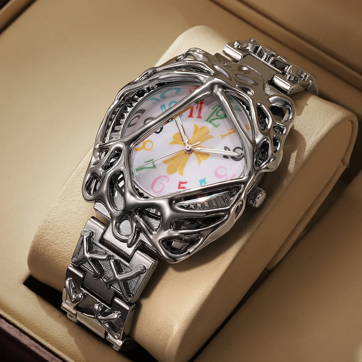 Men's Gothic Punk Watch Hollow Cage Bezel Silver Metal Bracelet Colorful Numeral Dial Analog Wristwatch Biker Jewelry Gift