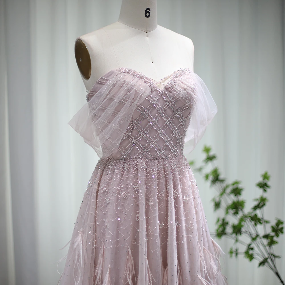 Sharon Said Luxury Feather Pink Dubai Evening Dresses Off Shoulder Beaded Champagne Formal Dress Women Wedding SS278 Customized