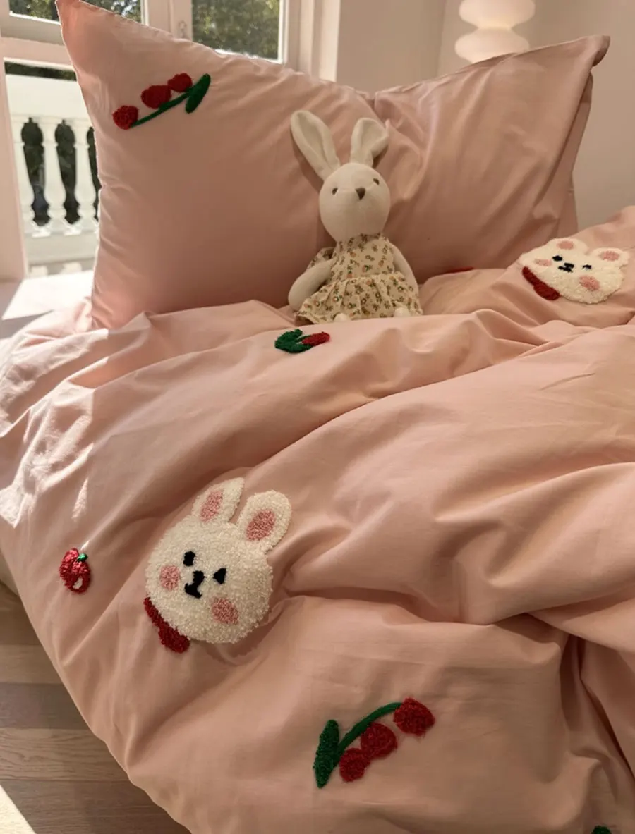 

cute sweet embroidery rabbit pink bedding set,twin full queen King kawaii cotton home textile bed sheet pillow case quilt cover