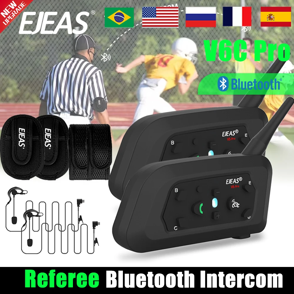 2Set EJEAS V6 PRO+ Referee Bluetooth Earphones Waterproof Music Player Ear-mounted Walkie-talkie for 6-person Communicator