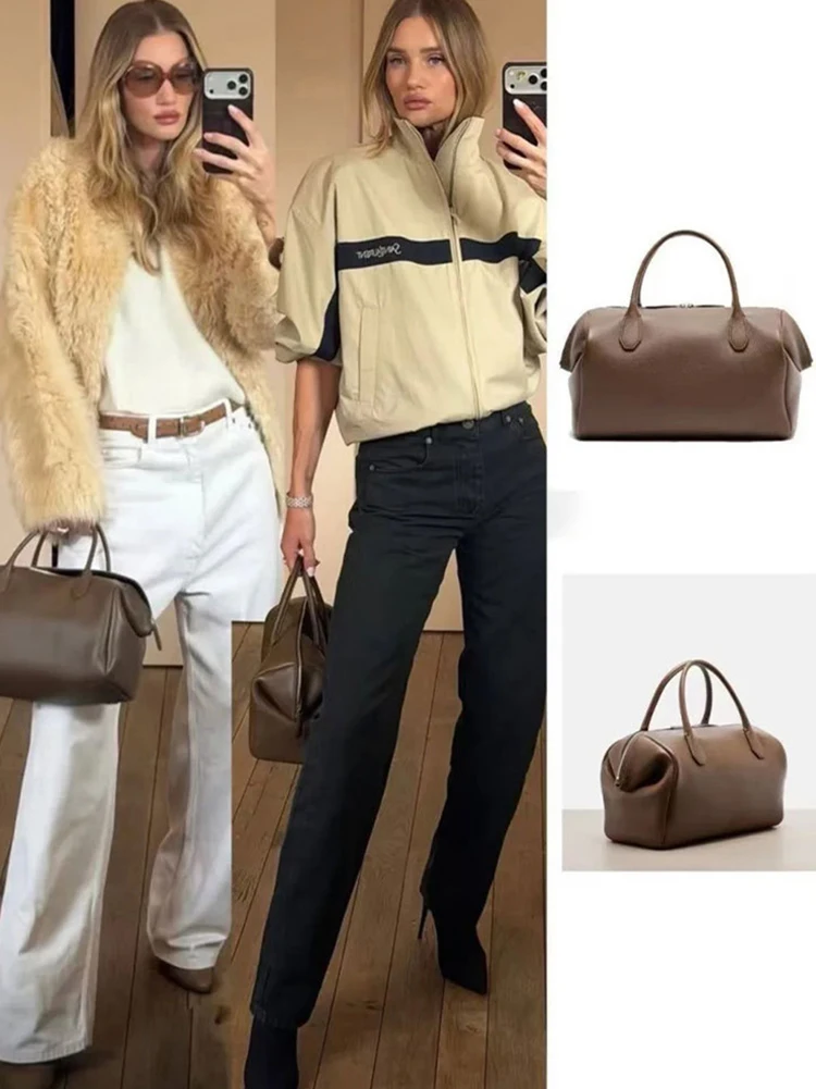 Luxury Brand Design Cowhide Women Bags Top Quality Genuine Leather Women Handbags Winter Casual Solid Totes Women Bowling Bags