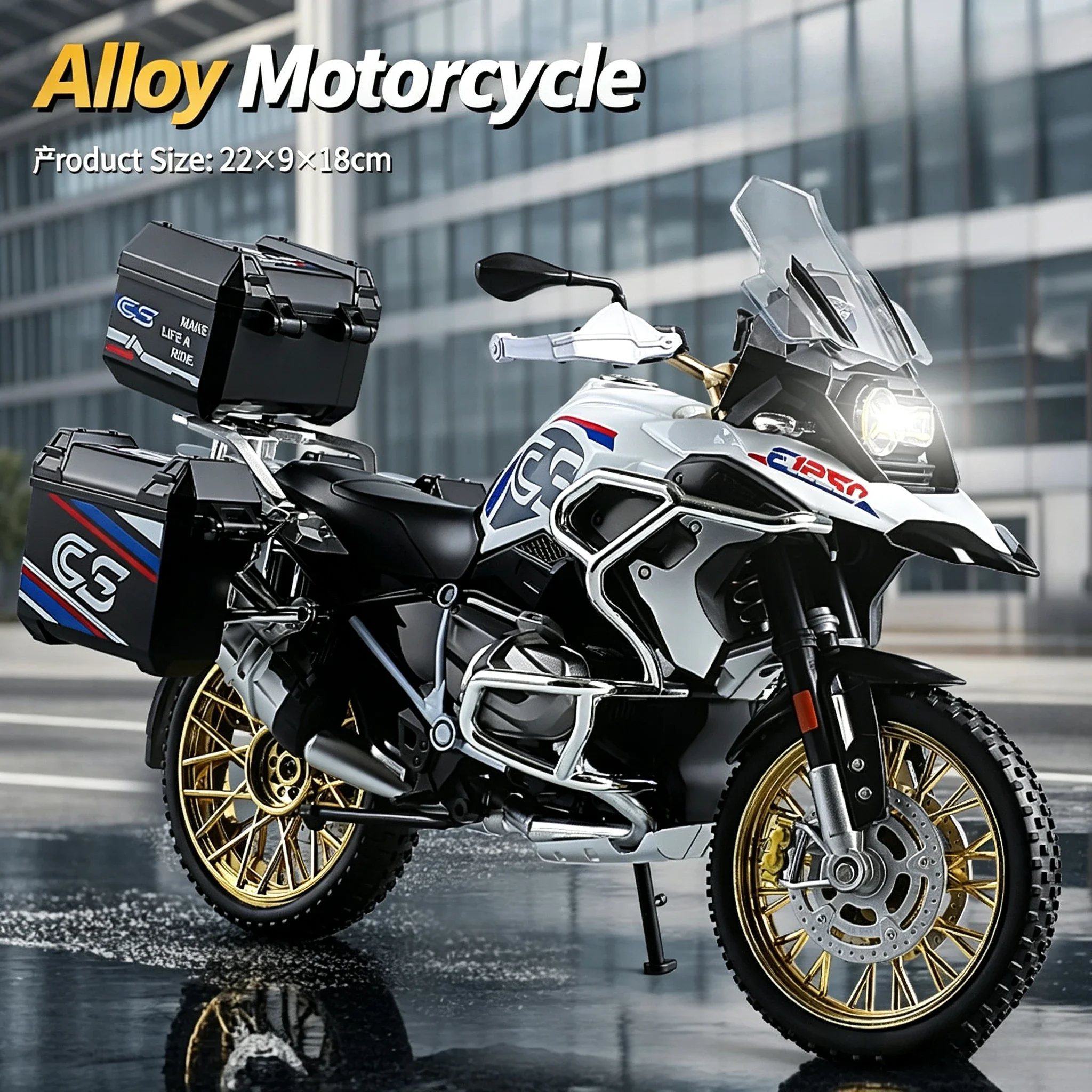 1:10 Scale Alloy Diecast Motorcycle Model Toy, R1250GS Adventure Motorbike Replica with Light, Collection Gift for Boys
