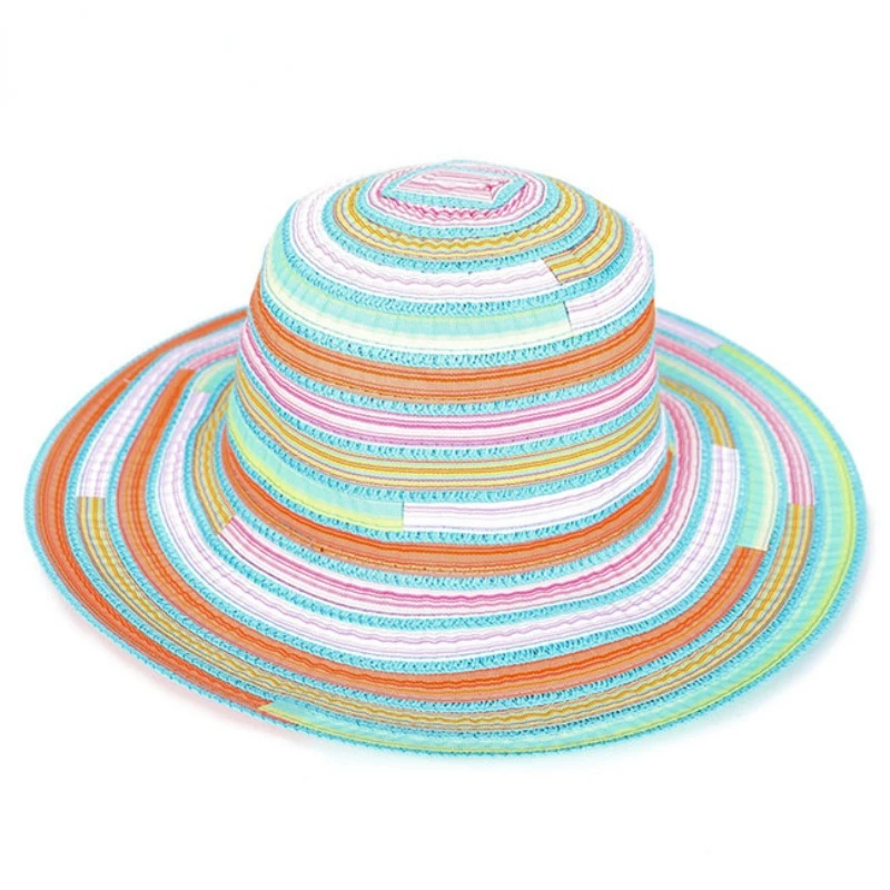 Summer Fisherman Hat Women's Foldable Sun Hat Rainbow Striped Cloth Color Sunscreen Women's Beach Holiday Pastoral Casual Hat