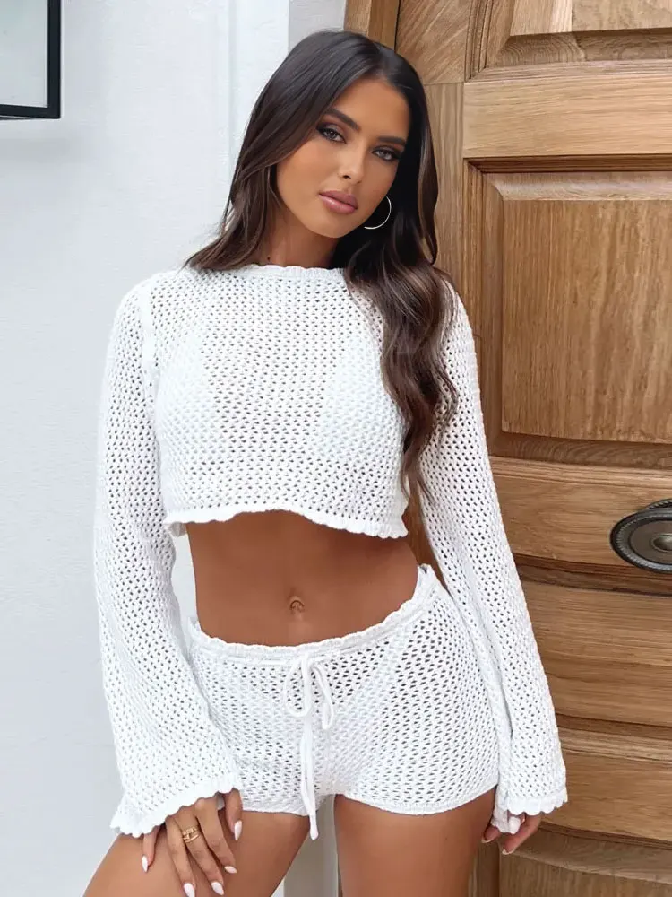 Sexy Hollow Out  Flare Sleeve Two Piece Set Womens Crochet Tops And Shorts Set Bathing Suit Beach Sunscreen Set Outfits S86