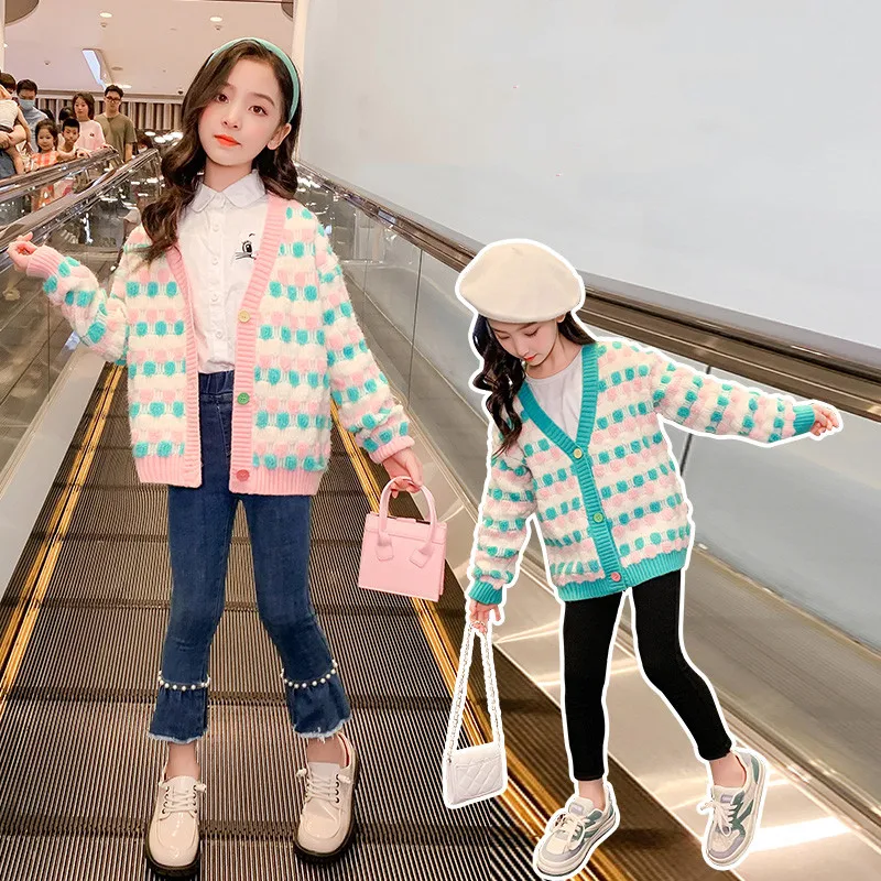 Girls Cardigan Sweater Spring Autumn Children's Clothes Cotton colorful Plaid Knit jacket All-match young Kids Girl Sweater Coat