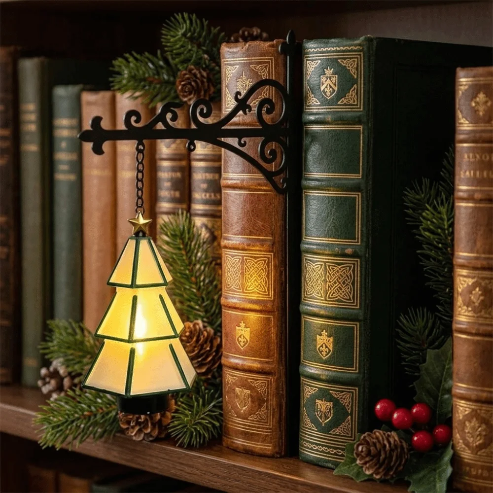 Creative Christmas Bookshelf Lamp Retro Iron Art Hanging Xmas Tree Light Warm Light Cartoon LED Library Lantern Office Use
