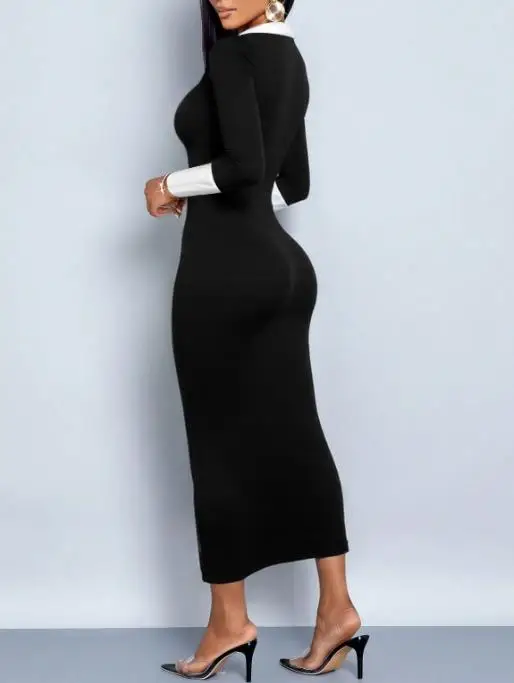 

Women's Sexy V-Neck Patchwork Dress Tight Fitting Mid-Length Slimming Elegant Bag Buttocks Dress